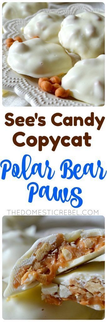 These POLAR BEAR PAWS taste even BETTER than the ones at See's Candy! Buttery caramel and crunchy, slightly salty peanuts are enrobed in sweet white chocolate for an addictive candy made start to finish in about 30 minutes! So easy and great for gift-giving! Polar Bear Paws, Polar Bear Paw, Easy Candy Recipes, Sees Candies, Caramel Bits, Christmas Candy Recipes, Whipping Cream, Homemade Candies, Bear Paws