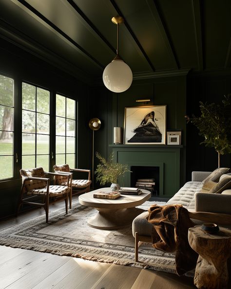 The Best Color Drenching Interior Ideas - Decoholic Dark And Moody Office Cozy, Moody Den With Fireplace, Dark Cozy Office, Moody Green Living Room, Moody Fireplace, Home Office Fireplace, Moody Den, Theatre Foyer, Moody Paint