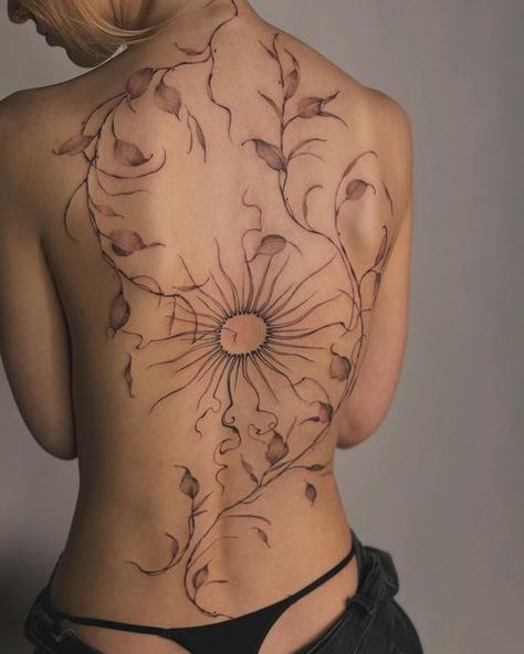 Two Different Style Tattoo Sleeves, Big Tattoo On Back For Women, Feminine Unique Tattoos, Unique Back Piece Tattoo, Flowy Tattoos For Women, Full Backpiece Tattoo For Women, Tattoo Ideas Scar Cover, Plant Back Tattoo Women, Earthy Spine Tattoos For Women