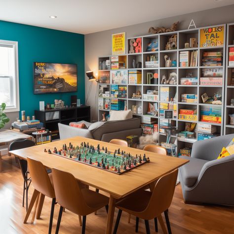 Board Game Lounge Game Room Idea For Adults Image Board Game Library Room, Game Room Library, Small Board Game Room, Boardgame Room Idea, Small Game Room Ideas For Adults, Board Game Room Design, Board Game Room Ideas, Game Room Ideas For Adults, Board Game Display