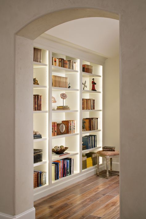 Bankston May Designs Open Back Built In Bookshelves, Built In Bookcase Hallway, Hallway Bookshelves Built Ins, Custom Bookshelves Built Ins, Built In Hallway Storage, Small Library Room Ideas, Hallway Bookshelves, Small Library Room, Hallway Cabinets