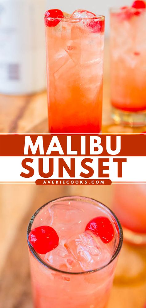 Rum Drink Recipes, Sweet Alcoholic Drinks, Rum Mixed Drinks, Coconut Rum Drinks, Fruity Mixed Drinks, Rum Drinks Recipes, Fruity Alcohol Drinks, Malibu Drinks, Malibu Sunset