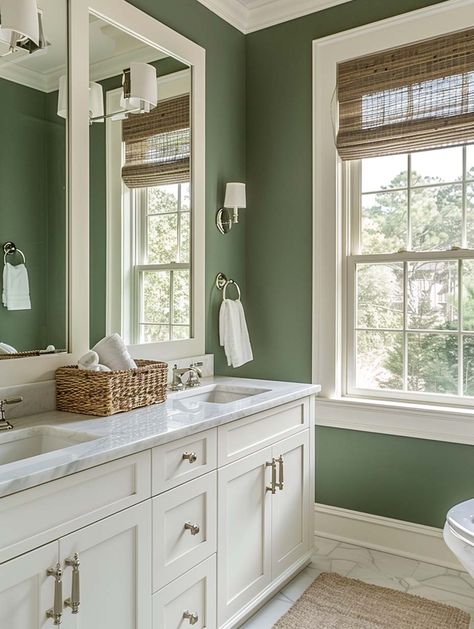 Sherwin Williams Green Onyx Sage Green Bathroom Green Sage Bathroom Ideas, Half Bathroom Green Walls, Green Full Bathroom, Sage Green Paint Ideas, Sage Green And Ivory Bathroom, White Vanity Green Walls Bathroom, Bathroom Color Sherwin Williams, Basil Sherwin Williams Bathroom, Olive Color Bathroom