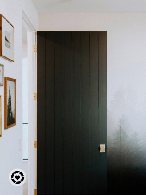 Black doors with vertical detailing, satin brass knob and hinges - all the pretty details! Wall mural, boy’s room decor, door details, Benjamin Moore Soot, EMTEK satin brass Follow my shop @modernbymiles on the @shop.LTK app to shop this post and get my exclusive app-only content! #liketkit #LTKhome #LTKfamily @shop.ltk https://liketk.it/3LmZT Emtek Satin Brass, Black Interior Door, Dark Doors, Black Interior Doors, Gold Knobs, Brass Knob, Door Detail, Boy’s Room, Brass Hinges