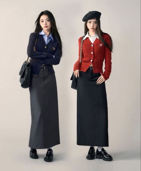 Early 2000s Classy, Japanese Preppy Fashion, 90s Korean Fashion, Modest Y2k, Korean Preppy, Autumn Embroidery, Cardigan Korean, Long Skirt Outfits, Embroidery Sweater