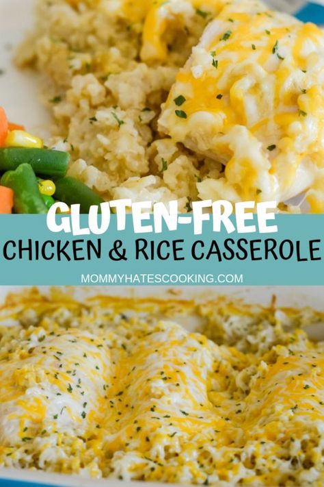 Make this delicious comfort meal with Cheesy Chicken and Rice Casserole that is gluten-free. It's the perfect gluten-free recipe. Gluten Free Chicken Casserole, Cheesy Chicken And Rice Casserole, Cheesy Chicken And Rice, Gluten Free Casserole, Gluten Free Chicken Recipes, Chicken And Rice Casserole, Chicken Rice Casserole, Gluten Free Recipes For Dinner, Gluten Free Rice