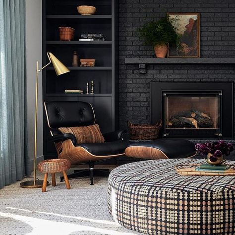 Family Friendly Living Room, Moody Living Room, Painted Brick Fireplace, Pellet Stoves, Room Revamp, Moore House, Dark Paint Colors, Light And Dwell, Black Fireplace