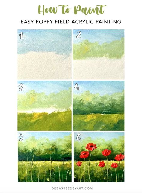 Easy poppy field painting - Debasree Dey Art How To Draw Field Of Flowers, Easy Painting Class Ideas, How To Paint Poppies Acrylics, Easy Guided Painting, Poppy Fields Painting, How To Paint A Field, Easy Art Inspiration Painting, Field Of Flowers Painting Easy, Beginner Acrylic Painting Tutorials Step By Step