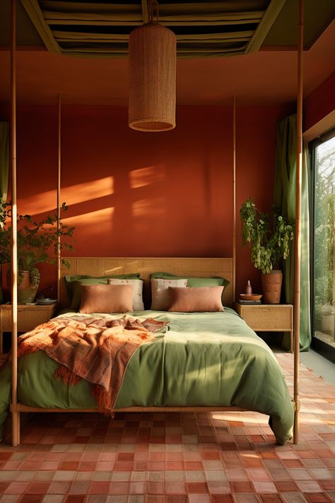 A modern bedroom with terracotta walls and a bamboo ceiling. The room features an organic cotton bed with terracotta and green linens, a bamboo nightstand, and a terracotta earthenware lamp. A terracotta and green organic rug and a bamboo room divider complete the organic look. Sage Green And Terracotta Bedroom Decor, Spice Bedroom Ideas, Organic Modern Design Home, Organic Modern Green Bedroom, Olive Terracotta Bedroom, Earthy Bedroom Accent Wall, Sage And Rust Bedroom Ideas, Colorful Organic Interior Design, Terracotta And Olive Bedroom