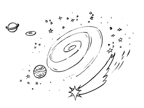 Cute Aesthetic Space Drawings, Space Scene Drawing, Milky Way Drawing Simple, Space Drawing Simple, Solar System Drawing Simple, Cosmic Sketches, Simple Galaxy Drawing, Space Aesthetic Drawing, Galaxy Line Art