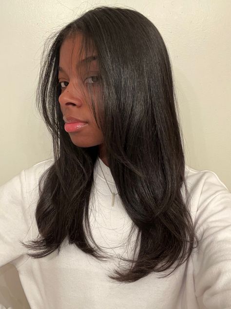 Thick Straight Hair Black Women, Aesthetic Silk Press, Relaxed Hair Haircuts, Long Layers Medium Length Hair Black Women, Sew In Natural Look, Straight Hair Black Women Natural, Long Straight Hair Black Women Natural, 16 Inch Sew In Weave Straight, Face Framing Layers Silk Press