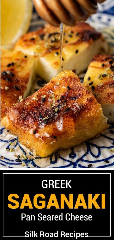 Saganaki (Greek Pan Seared Cheese) Greek Appetizers Easy, Saganaki Cheese Recipe, Cheese Sambousek, Greek Fried Cheese, Rich Things, Greek Snacks, Saganaki Recipe, Fried Cheese Sticks, Greek Bread