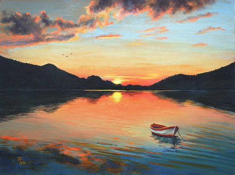 Sunset over a Mountain Lake - Acrylic Painting Acrylic Painting Mountains, Landscape Sunset Painting, Mountain Sunset Painting, Acrylic Sunset, Sunset Landscape Painting, Painting Mountains, Sunset Painting Acrylic, Mountains Sunset, Mountain Landscape Painting