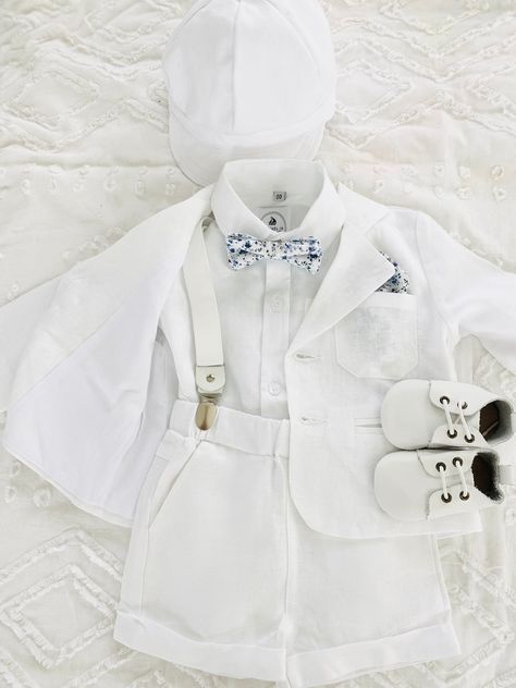 Boys White Linen Shirt, Pants or Shorts, Suspenders and Bow Tie Baptism Christening Outfit With Optional Jacket, Shoes, Hat, Bunny - Etsy Classic White Sets For Baptism, White Summer Baptism Sets, White Summer Onesie For Baptism, Cotton Baptism Sets, Christening Clothes For Baby Boy, Baptism Outfit, White Linen Shirt, Timeless Outfits, Christening Outfit