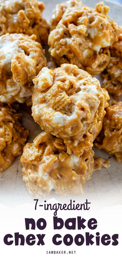 These No-bake Chex cookies are everything you want in a dessert! It is an easy cookie recipe that uses just a few simple ingredients. The combination of creamy peanut butter, Chex cereal, vanilla, and mini marshmallows is simply irresistible! Save this 7-ingredient dessert! Cereal Desserts Easy, Chex Mix No Bake, Peanut Butter Rice Chex Treats, Chex Mix Cookies, Cookies Made With Chex Cereal, Chex Cookie Recipes, Scotcharoo Chex Cookies, Peanut Butter Chex Cereal Recipes, Chex Bars Peanut Butter