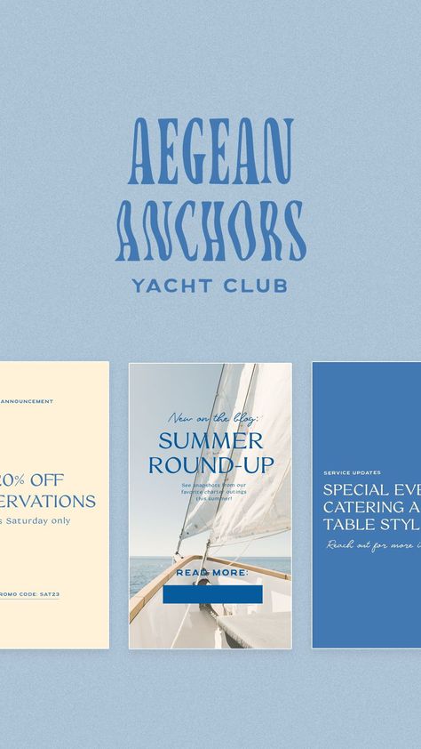 Coastal branding for Aegan Anchors, a semi-custom brand kit you can customize to your branding.  Beach logo, coast logo, yacht logo, sailing branding, sailing club logo and more Cool Branding Ideas, Yacht Club Branding, Beach Club Logo Design, Nautical Design Graphic, Semi Custom Branding, Coastal Graphic Design, Beach Club Branding, Yacht Branding, Yacht Club Aesthetic