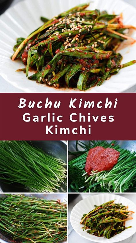 Asian Chives Recipe, Korean Chives Recipe, Chives Kimchi Recipe, Garlic Chive Recipes, Chinese Chives Recipe, Types Of Kimchi, Chinese Kimchi, Garlic Chives Recipes, Chives Recipes