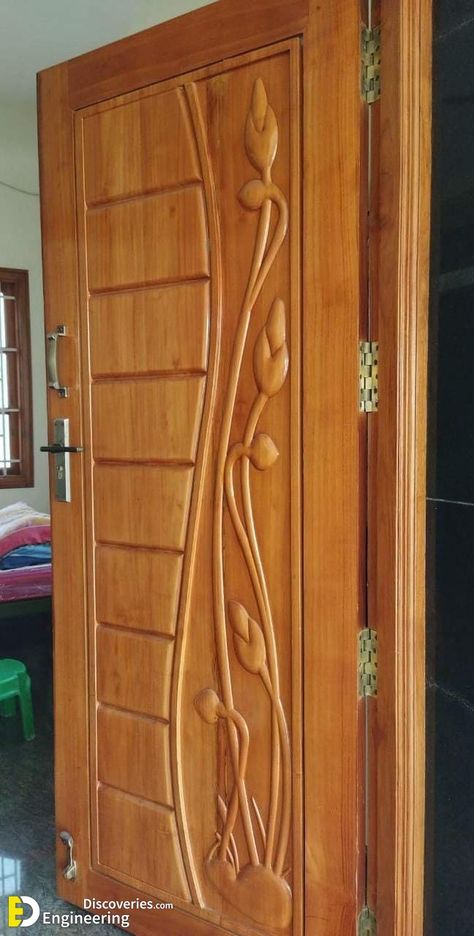 Wooden Door Design Entrance Carved Wood, Main Door Design Ideas, Wooden Door Designs, Single Main Door Designs, Main Door Design Photos, Wooden Gate Designs, Door Carving, House Front Door Design, Door Design Ideas