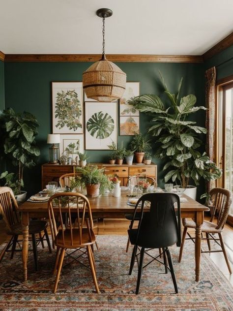 Boho Dining Room, Green Dining Room, Garden Retreat, Interior Design Per La Casa, Victorian Garden, Green Walls, Dining Room Inspiration, Farmhouse Dining Room, Boho Living Room