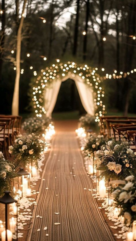 Small Outdoor Wedding Ideas Budget, Night Time Ceremony Wedding Ideas, Outdoor Decor Engagement, Wedding Ceremony Lighting, Wedding Decorations Altar, Wedding Decor Aisle Walkways, Wedding Ceremony Venue Ideas, Outdoor Lighting For Wedding, Woodsy Whimsical Wedding