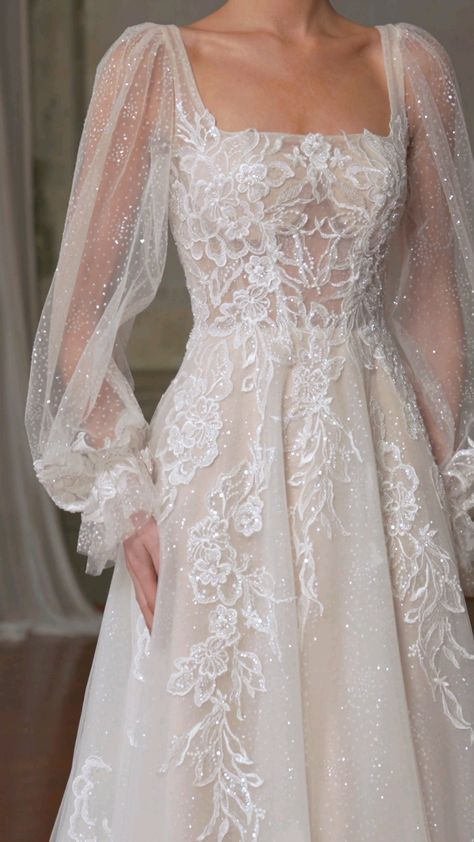 Square Necked Wedding Dresses, Chiffon And Lace Wedding Dress, Romantic Fairytale Wedding Dress, Lana Del Ray Wedding Dress, Wedding Dress Floral Sleeves, Celestial Wedding Gown, Modest Fairytale Wedding Dress, Wedding Gown Square Neck, Wedding Dresses With Sleeves Square Neck