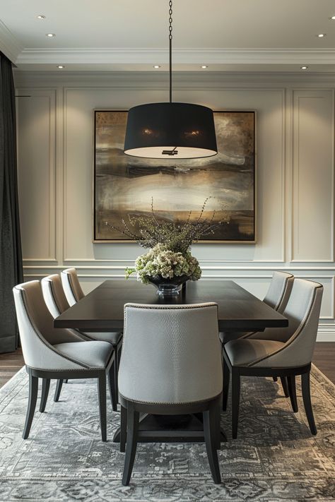 Dining Table Inspo Decor, Dining Room With Light Wood Floors, Transitional Interior Design Style Dining Room, 2024 Dining Room, Dining Room Inspiration Modern Classy, Dinner Room Ideas, Wall Art Dining Room Ideas, Dining Room Transitional, Contemporary Dining Room Ideas