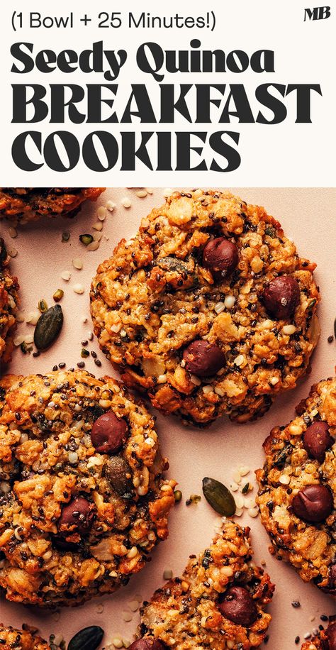 Chewy, satisfying, wholesome breakfast cookies with quinoa & seeds. Vegan, gluten-free, naturally sweetened + made in 1 bowl in 25 minutes! Superfood Breakfast Cookies, Minimalist Baker Granola, Minimalist Baker Recipes, Diy Breakfast Bar Food, Hearty Breakfast Ideas Healthy, Savory Oatmeal Vegan, Gluten Free And Vegan Recipes, Gluten Free Breakfast Meal Prep, Quinoa Flour Cookies