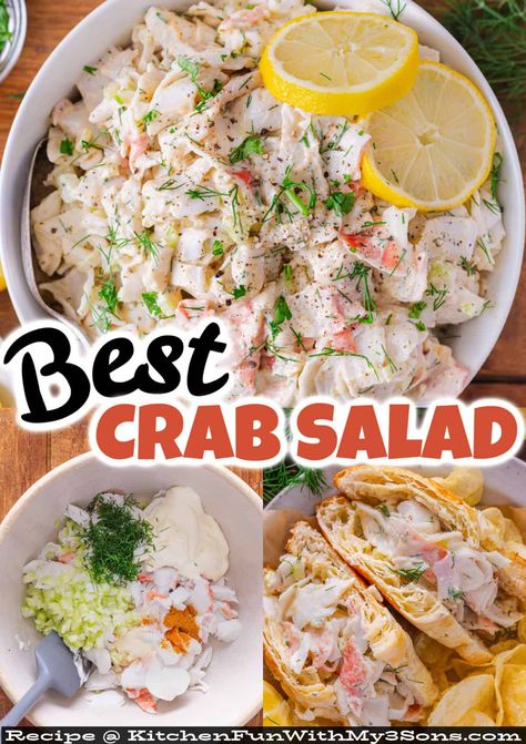 Made with mayo, imitation crab, and a few seasonings, this Creamy Crab Salad recipe is quick and easy to prepare and tastes better than what you can get at the store. Serve on croissants, lettuce wraps, and more. #saladrecipes #seafoodrecipes Tuna Crab Salad, How To Make Crab Salad Recipes, Crab Rangoon Pasta Salad, Crab Meat Salad Recipe Simple, Crab Salad Dip Recipe, Crab Salad Recipes Cold, Simple Crab Salad, Quick Salads For Parties, Imitated Crab Salad Recipes