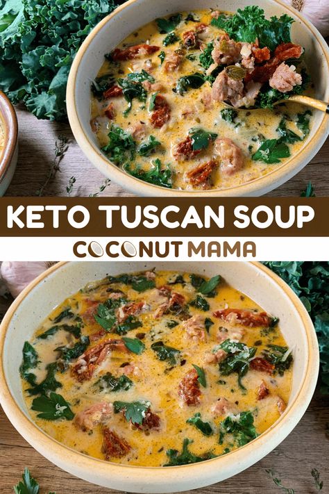 This Keto Tuscan soup is a is a hearty, comforting soup and a great way to eat a low-carb version of the Italian favorite. Chicken Tuscan Soup, Keto Tuscan Soup, Pastina Recipes, Italian Chicken Soup, Keto Soup Recipes, Sausage Soup Recipes, Low Carb Soups, Tuscan Soup, Low Carb Soup Recipes