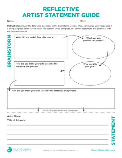 Reflective Artist Statement Guide - FLEX Assessment Art Self Assessment, Artist Statement Worksheet, Art Critique Worksheet, Artwork Analysis, Art Evaluation, Artist Statement Examples, Ceramics Classroom, Art Reflection, Intro To Art