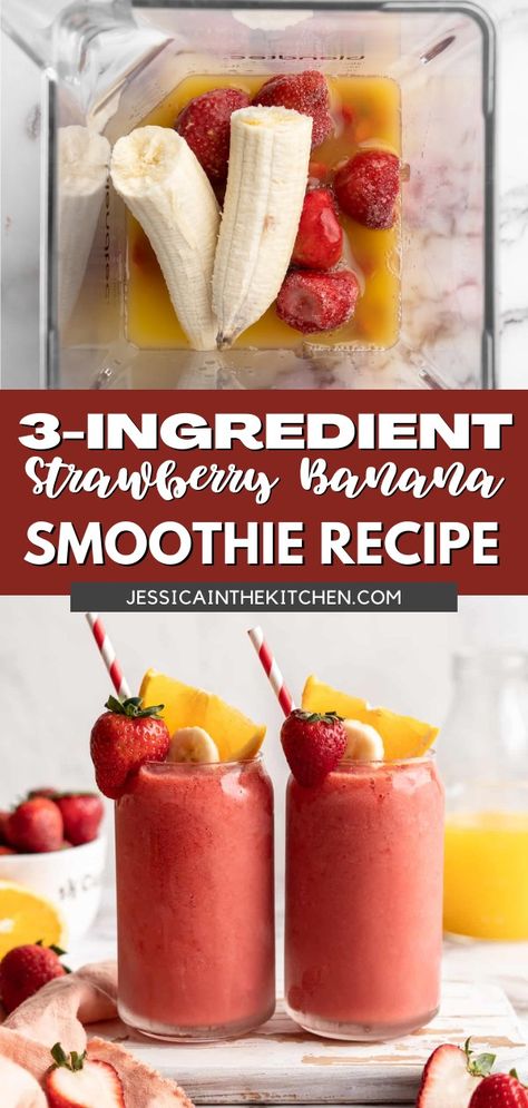 Friends, this 3-Ingredient strawberry banana smoothie is the easiest you’ll ever make. Three ingredients, minimal prep, and no clean up—well, other than throwing away the banana peel. So let me give you the lowdown on this smoothie. I made it with frozen strawberries, fresh bananas and orange juice. That’s it. The banana brings that smooth, creamy texture, the strawberries add colour and flavour, and the orange juice brings it all together with sweetness and a bright burst of citrus. Banana Juice Recipe, Frozen Strawberry Smoothie, Strawberry Banana Smoothie Recipe, Orange Smoothie Recipes, Orange Juice Recipes, Frozen Fruit Smoothie, Delicious Smoothie Recipes, Smoothie Recipes With Yogurt, Smoothie Recipes Strawberry