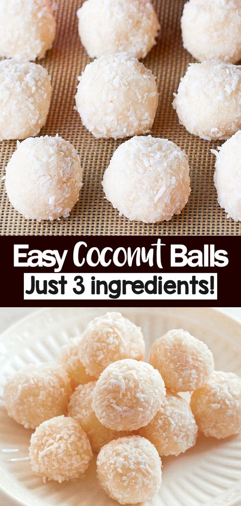 3 Ingredient Coconut Balls - Healthy Snack Recipe Coconut Peanut Butter Protein Balls, Keto Unsweetened Coconut Recipes, 2 Ingredient Coconut Balls, 2 Ingredient Coconut Cookies, Keto Coconut Bites, Energy Balls With Coconut Flakes, Coconut Fingers Recipe, Chocolate Peanut Butter Coconut Protein Balls, Coconut Meal Recipes