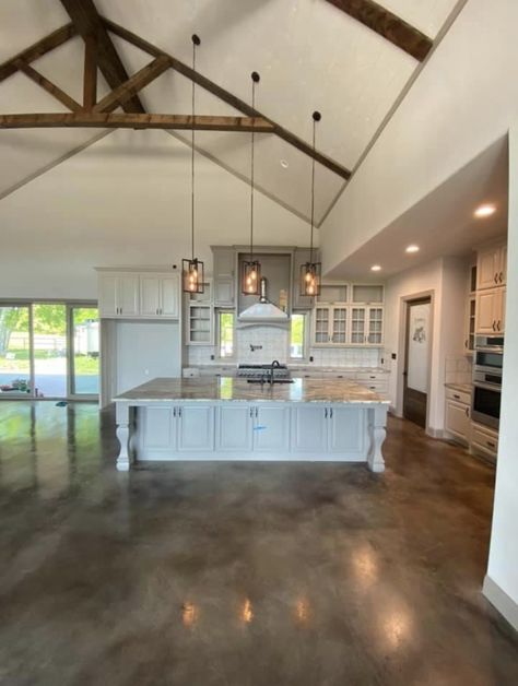 Kitchen Design Barndominium, Polished Concrete Floor Barndominium, House With Concrete Floors, Barn Dominium Houses Interior, Modern Rustic Barndominium Interior, Stained Concrete Floors Barndominium, Barndominium Cement Floors, Barndo Concrete Floor, Concrete Floor Barndominium