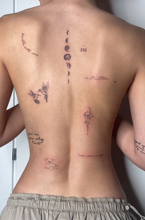 Back Fine Line Tattoo Women, Back Tattoo Women Dainty, Back Tattoo Placement For Women, Back Sticker Tattoo Women, Side Of Back Tattoo Women, Twitches Tattoo, Hidden Spots For Tattoos, Back Tattoo Women Fine Line, Tattoo Layout Women