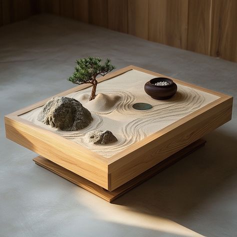 The Zen Rock Garden Coffee Table brings tranquility into your home with its minimalist design. Inspired by traditional Japanese rock gardens, this table features a serene arrangement of stone-like elements on a smooth, natural surface. Its calming aesthetic makes it a perfect centerpiece for fostering relaxation and mindfulness in any living space. Zen Garden Table, Table With Plants, Office Zen Garden, Zen Garden Desk, Jardin Zen Miniature, Japandi Table, Japanese Stone Garden, Desk Zen Garden, Zen Sand Garden