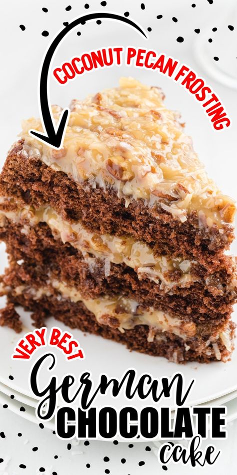 Deliciously rich and chocolatey, German Chocolate Cake is slathered in a layer of gooey coconut pecan frosting. The moist chocolate cake and decadent coconut frosting combine to create an irresistible dessert. Bakers German Chocolate Cake, German Chocolate Icing, German Chocolate Cake Frosting, German Chocolate Cake Recipe, Pecan Frosting, Coconut Pecan Frosting, Dessert Cakes, Coconut Frosting, Fruit Dessert Recipes