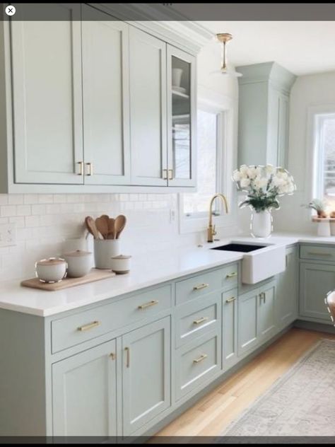 Sea Salt Kitchen Cabinets, Sea Salt Coordinating Colors, Sherwin Williams Misty, Sea Salt Kitchen, Coastal Kitchen Cabinets, Creative Wall Painting Ideas, Sw Sea Salt, Sherwin Williams Sea Salt, Wall Painting Ideas