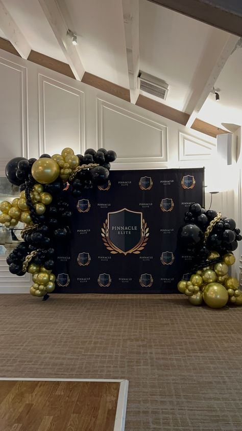 Black And Gold Corporate Event, Grand Opening Theme Ideas, Backdrop Corporate Events, Black And Gold Draping Backdrop, Corporate Photobooth Ideas, Barbershop Grand Opening Ideas, Company Anniversary Decoration Ideas, Company Event Decoration, Corporate Decor Events