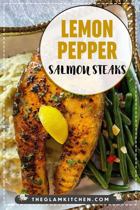 Seriously , this may be the best salmon steak recipe on the Internet. Trust me, it’s just that good . Salmon steaks are a cut of salmon that is thicker than the usual filet. They are meaty and delicious. This recipe combines my all purpose seasoning (order at www.shoptheglamkitchen.com ) , lemon pepper and paprika -and is then finished with a lemon butter sauce . Salmon Steaks Pan Fried, Steak Salmon Recipes, Salmon Steaks Baked, Steak Fish Recipes, Salmon Steak Recipes Baked, Salmon Steaks Recipes, Fish Steak Recipes, Baked Salmon Steak, Salmon Steak Recipes