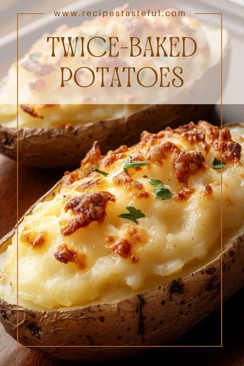 Rich and comforting, these twice-baked potatoes are perfect as a side dish or even a main course for a cozy meal. Creamy filling, cheesy topping, and a hint of green onion make them irresistible! Garlic Twice Baked Potatoes, Twice Baked Potatoes Quick, Recipes For Twice Baked Potatoes, Twice Baked Potatoes Freezer Recipe, Cooper’s Hawk Betty’s Potatoes Recipe, The Best Baked Potatoes, Boiled Then Baked Potatoes, Loaded Smashed Baby Potatoes, Twice Baked Potato Casserole Recipe Best