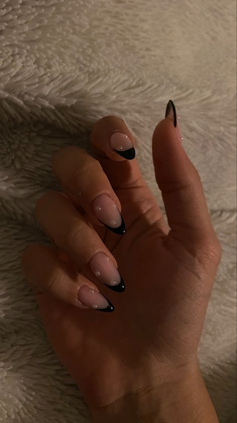 Birthday Nails With Black Dress, Black Pearl French Tip Nails, Black Tips With Pearls, Black French Nails With Pearls, Nails To Match With Black Dress, Black French Top With Gems, Milky Nails Black French, Black French With Pearls, Long Almond Nails Black French Tip