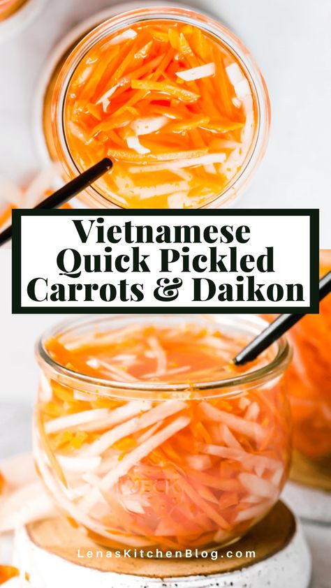 Make your Banh Mi sandwiches pop with these Vietnamese Quick Pickled Carrots and Daikon (Đồ Chua)! Ready to eat in just 15 minutes, the tangy flavors and delicious crunch of these pickled vegetables give sandwiches, grain bowls, and salads a much needed boost. Pickled Carrots And Daikon, Quick Pickled Carrots, Easy Vegetable Stir Fry, Pickled Carrots Recipe, Daikon Recipe, Pickled Vegetables Recipe, Grain Bowls, Quick Pickled, Pickled Carrots