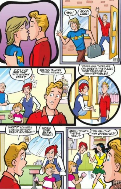 Archie Comics get first gay piss; pre-emptively take piss out of Million Moms' reaction by introducing The 12 Million Moms over-reacting throughout Riverdale. Lgbt Memes, Gay Comics, Gay Humor, Lgbt Rights, Gay Memes, Lgbt Love, Famous Cartoons, Archie Comics, First Kiss