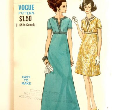 Vintage 1968 Sewing Pattern    Mod ALine Dress by ModLoungeVintage, $7.00 1960s Vogue, Empire Waist Gown, 1960s Design, Vintage Vogue Sewing Patterns, Fashion 1960s, Robes Vintage, Vogue Dress, Vintage Dress Patterns, Vogue Sewing Patterns