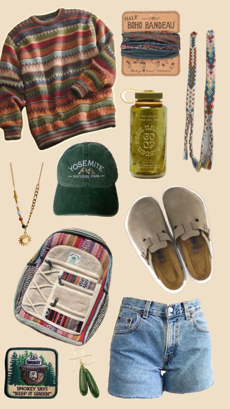 Granola girl aesthetic outfit inspiration, Birkenstock clogs, ugly sweater, gem jewelry, Nalgene water bottle, aesthetic backpack, jean shorts, Yosemite hat, national park hat, friendship bracelet, boho bandeau, Smokey the bear, Granola Girl Fall Outfits, Outfit Inspo Granola, Camping Aesthetic Outfits, Summer Outfits Boho, Granola Girl Aesthetic Outfits, Outfits Granola, Outdoorsy Outfits, Granola Girl Outfits, Granola Outfits