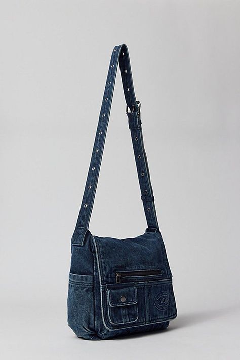 BDG Denim Messenger Bag in Blue Denim, Women's at Urban Outfitters Denim Messenger Bag, Funky Purses, Denim Diy Clothes, Shoulder Bag Outfit, Sick Clothes, Adjustable Bag Strap, Inside My Bag, My Style Bags, Crossbody Bag Fashion