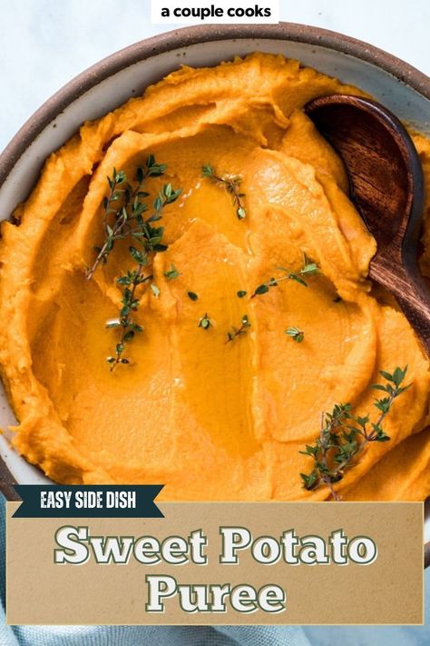 Enjoy this luscious sweet potato puree! Silky smooth, it’s perfect as a side dish or as a component of other recipes for fall and Thanksgiving. Pureed Sweet Potato Recipes, Sweet Potato Puree Recipes, Yam Puree, Sweet Potato Mashed Potatoes, Sweet Potato Puree Baby, Potato Puree Recipe, Antihistamine Diet, French Mashed Potatoes, Sweet Potato Sauce