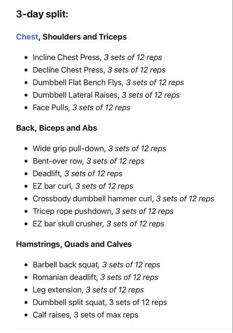 3 day split workout plan with muscle group combinations per day. Workout Gym Plan For Women, Full Body Workout At Gym 3 Days, Womens 3 Day Workout Plan, Workout Split Schedule Women, Workout Schedule 3 Day Split, 3 Times A Week Workout Plan Gym, 3 Day Workout Plan For Women Beginner, Best Split Workout, Women Split Workout