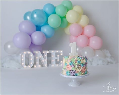 Baby Cake Smash Ideas, Girl Smash Cake 1st Birthday, Pastel 1st Birthday Cake, 1st Birthday Cake Smash Girl, Pastel Rainbow Photoshoot, First Birthday Smash Cake Girl, Pastel 1st Birthday Girl, Smash Cake Pastel Color, Rainbow 1st Birthday Photoshoot