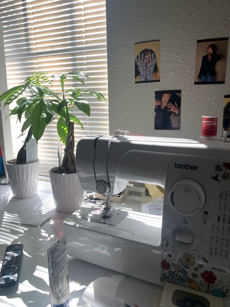 Photos On Wall, Sewing Machine Desk, Trees Photos, Aesthetic Money, Sewing Aesthetic, Vision Board Pics, Sewing Desk, Manifestation Money, Colorful Hairstyles